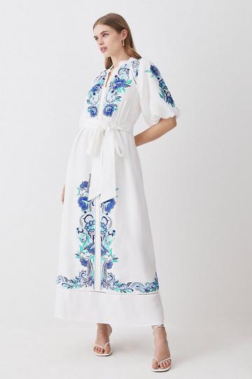 Embroidered Viscose Linen Midi Dress blue