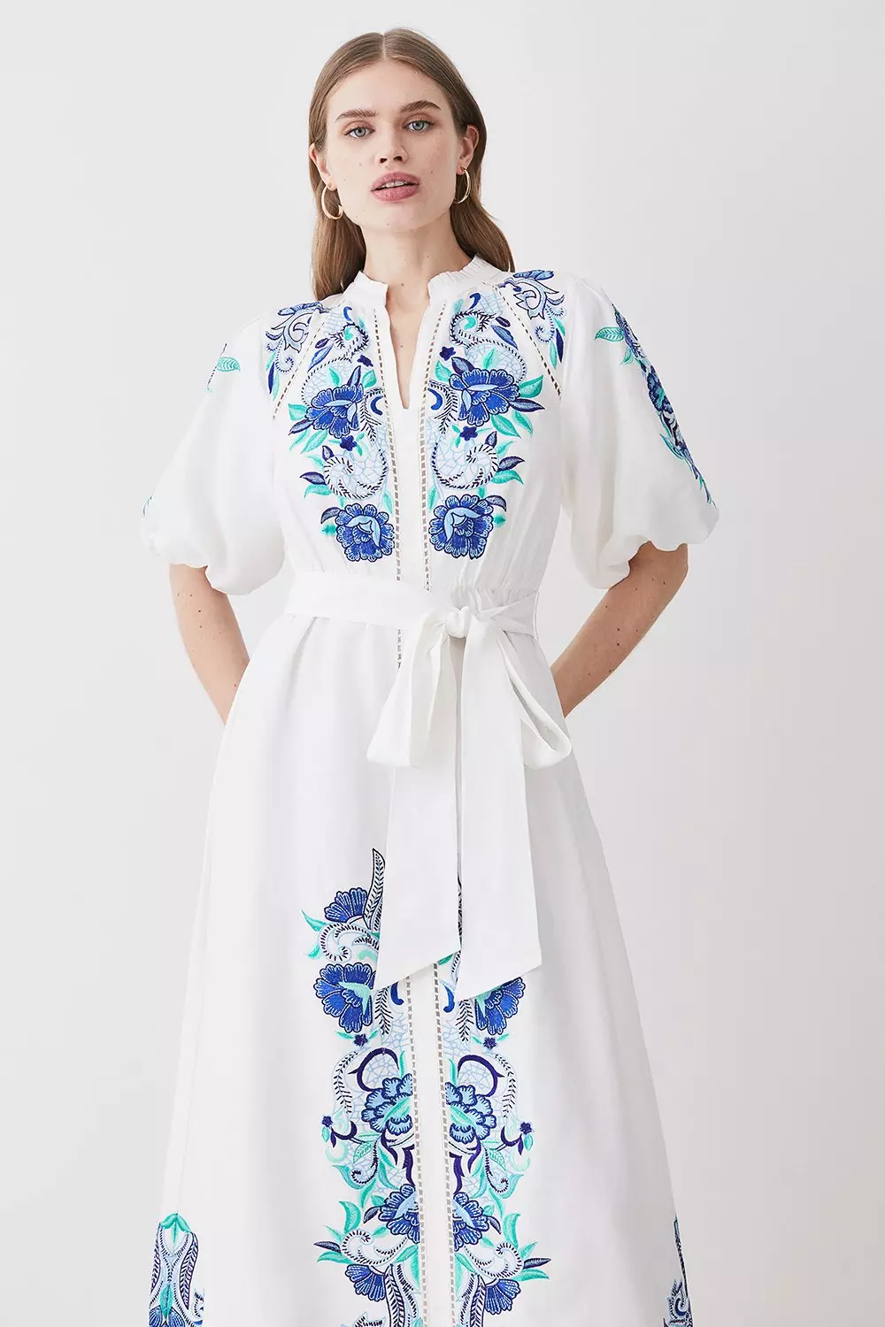 Embroidered Viscose Linen Midi Dress Karen Millen