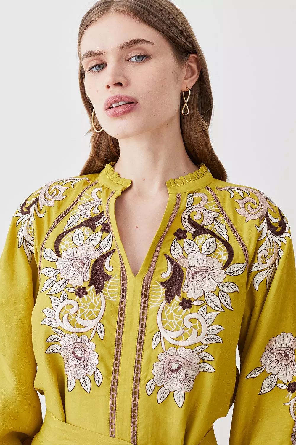Embroidered Viscose Linen Mini Dress Karen Millen