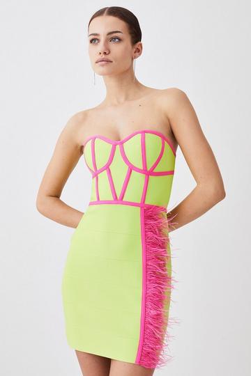 Petite Bandage Feather Detail Mini Dress lime