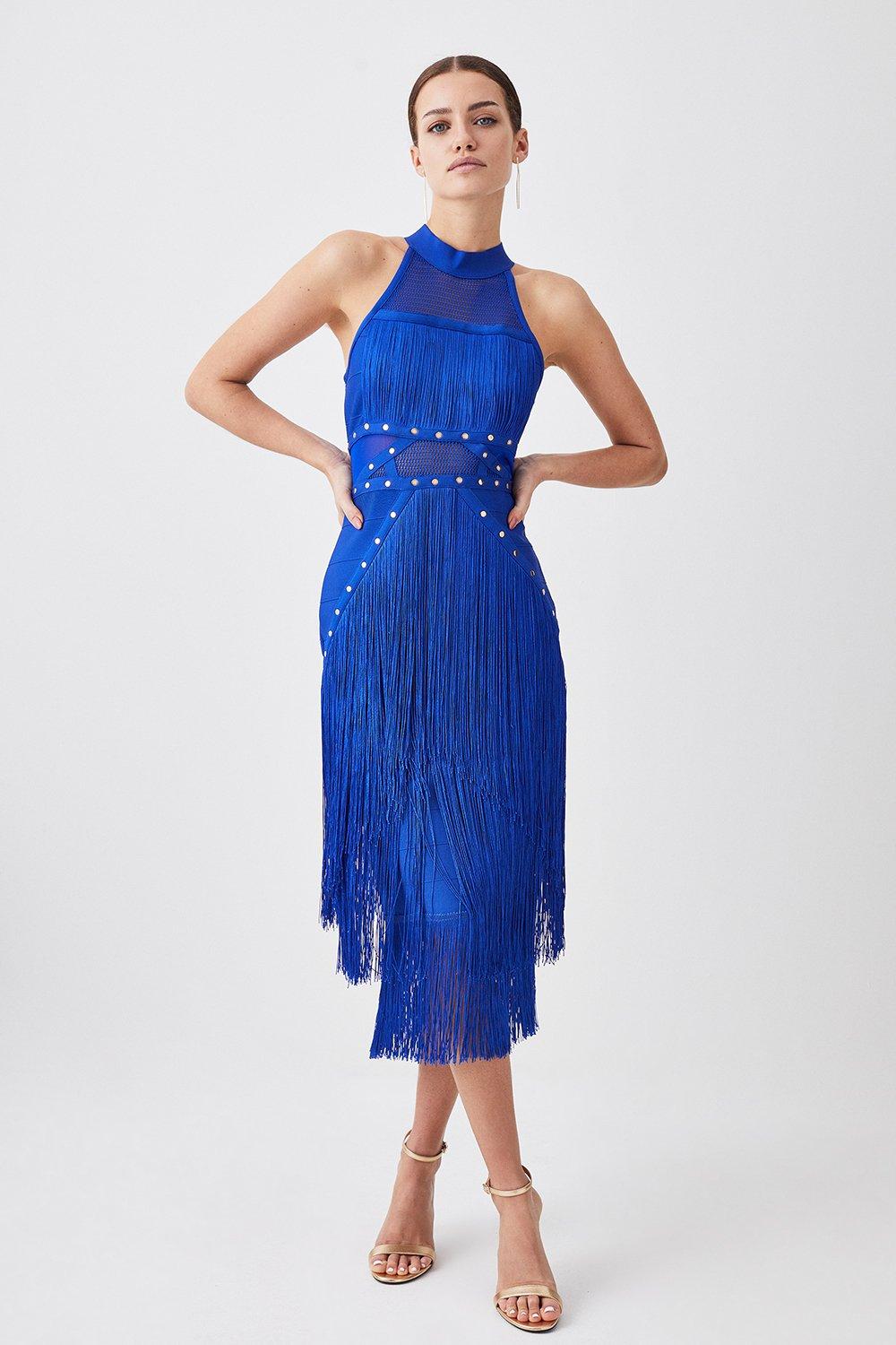 Petite Studded Fringe Mesh Insert Bandage Midi Dress Karen Millen