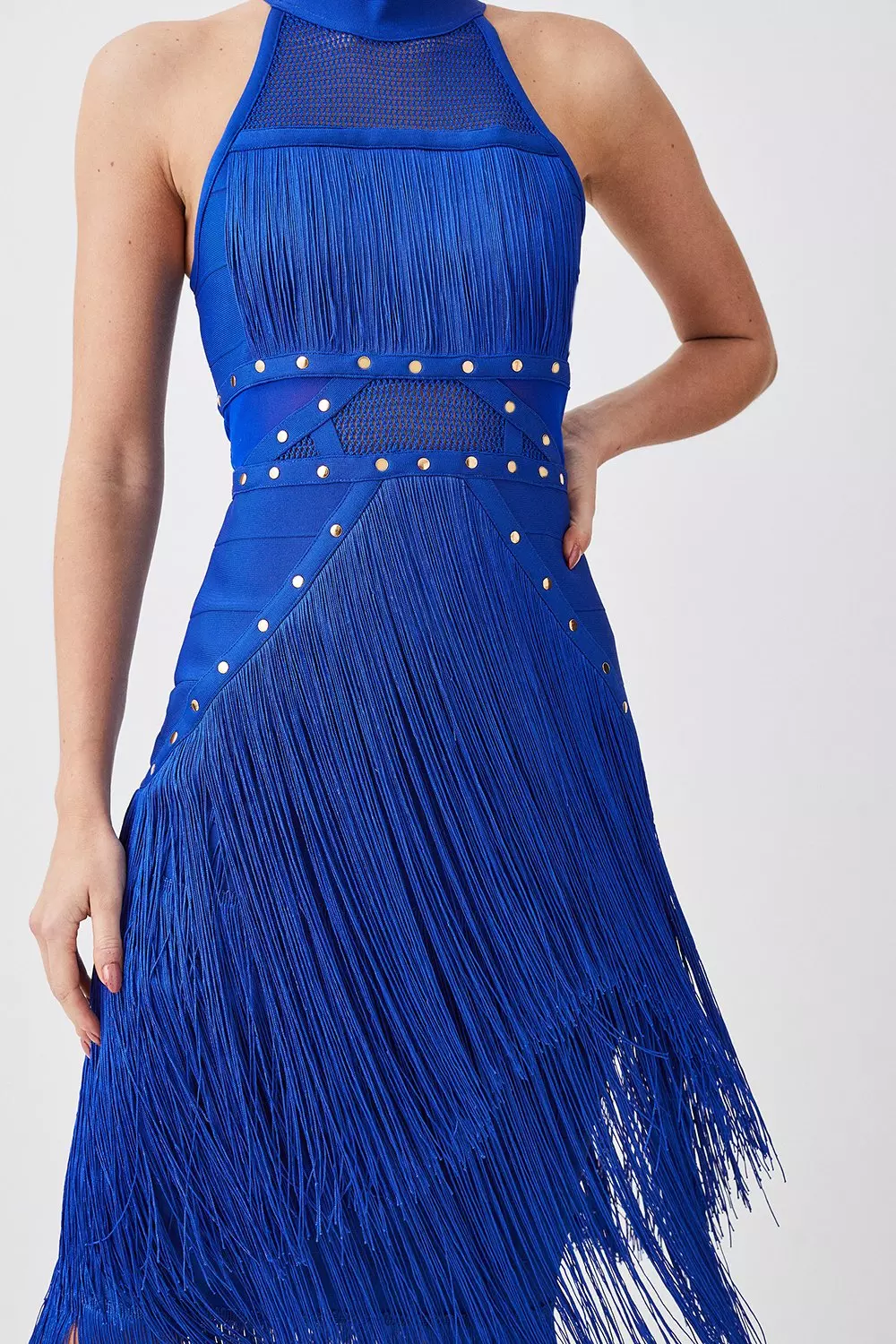 Petite Studded Fringe Mesh Insert Bandage Midi Dress | Karen
