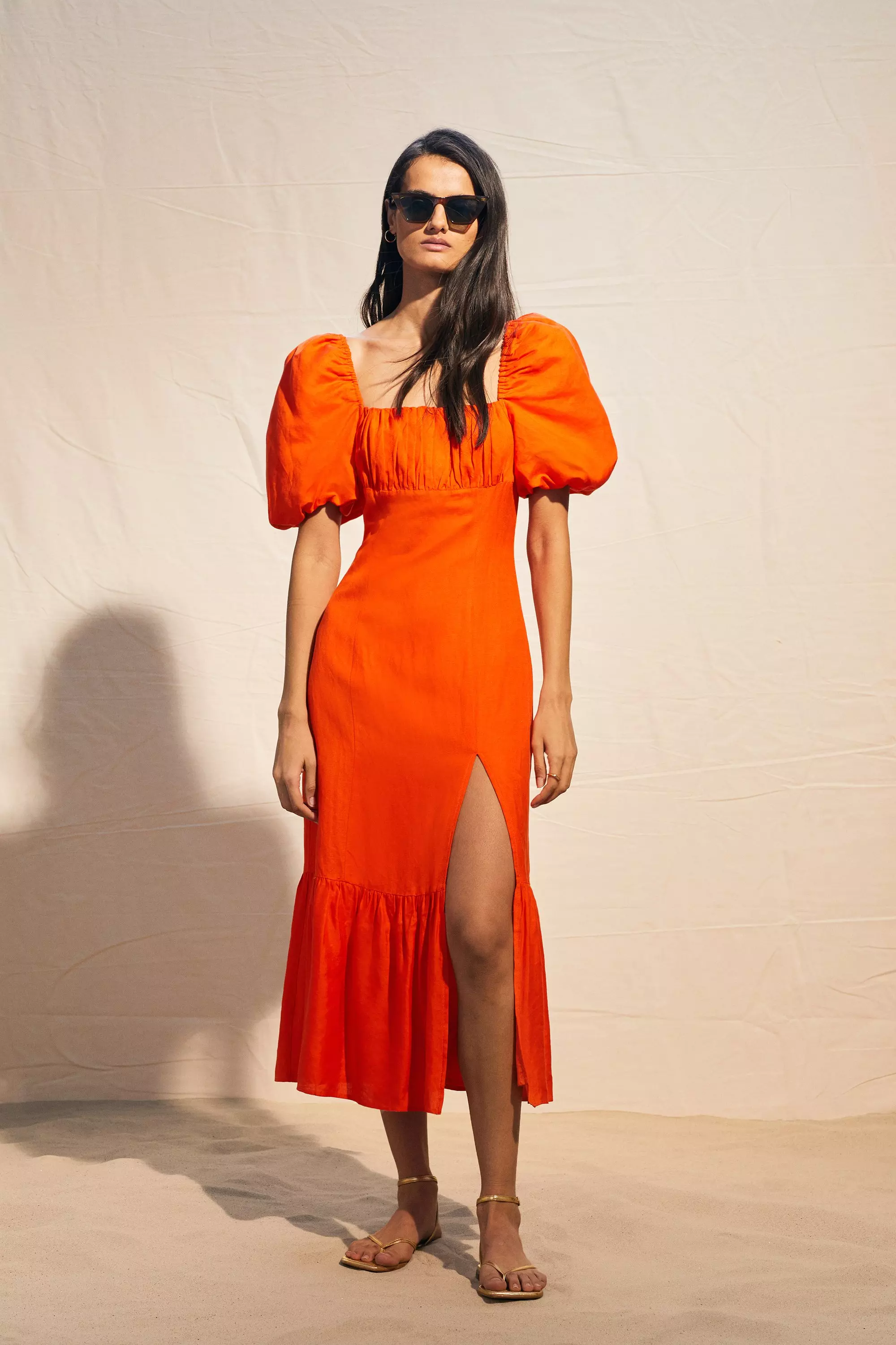 BOMNAL BOUTIQUE ■ Freesia Volume Puff Midi Dress Linen Viscose Puff Sleeve Midi Sundress | Karen Millen