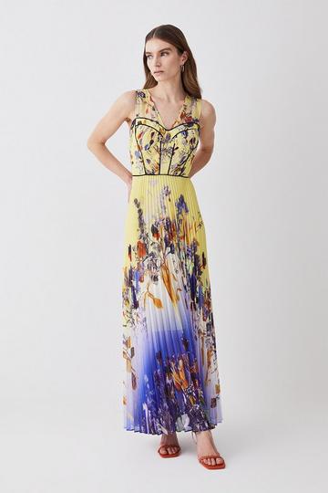 Spring Floral Pleat Corset Woven Maxi Dress yellow