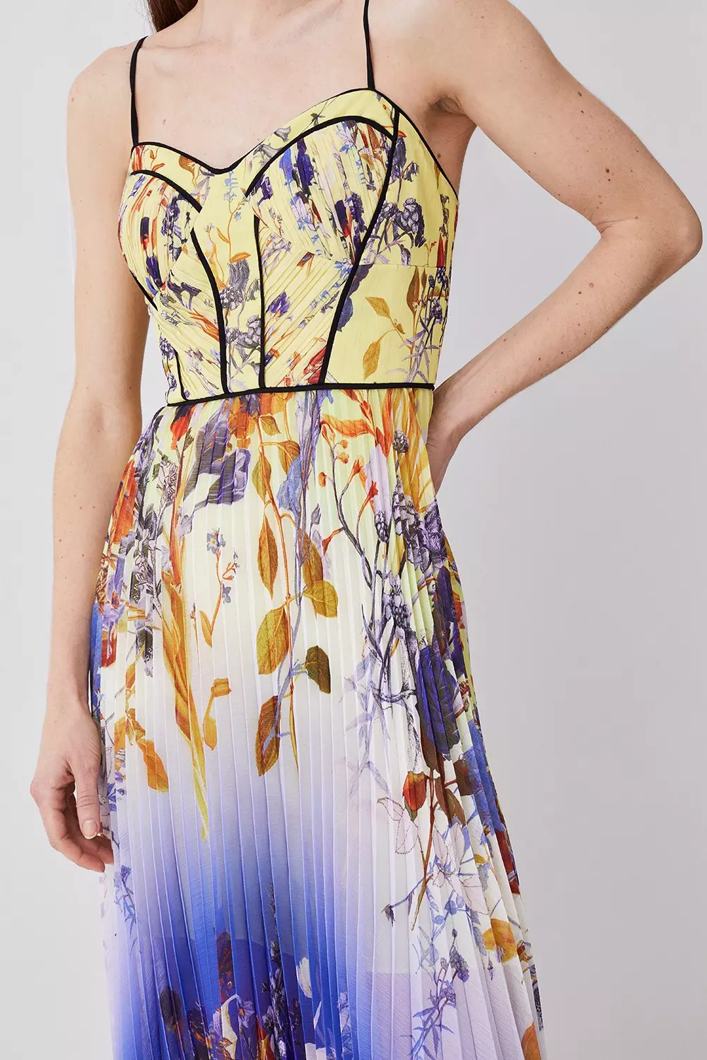 Ombre Spring Floral Pleat Corset Detail Strappy Midi Dress Karen Millen