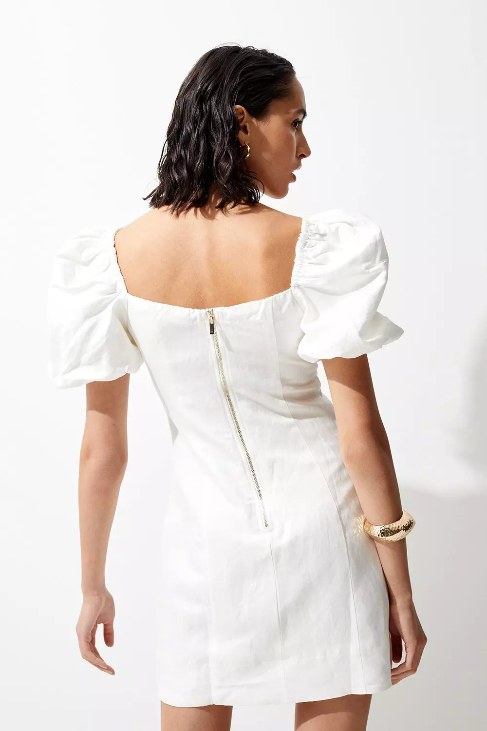 Linen Viscose Puff Sleeve Mini Sundress | Karen Millen