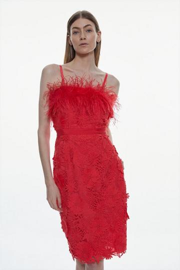 Lace Feather Off The Shoulder Woven Midi Dress red