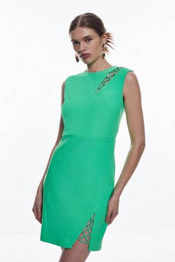 Green Scuba Crepe Lace Up Detail Woven Mini Dress
