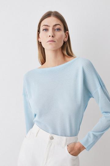 Lightweight Knitted Slash Neck Long Sleeve Sweater pale blue