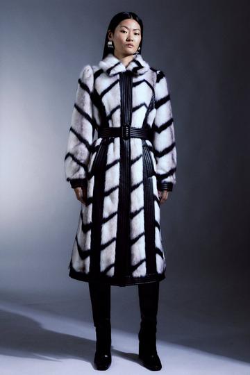 Tall Panelled Stripe Faux Fur Pu Belted Long Coat mono