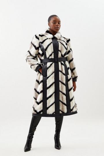 Plus Size Panelled Stripe Faux Fur Pu Belted Long Coat mono