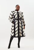 Plus Size Panelled Stripe Faux Fur Pu Belted Long Coat Plus Size Panelled Stripe Faux Fur Pu Belted Long Coat
