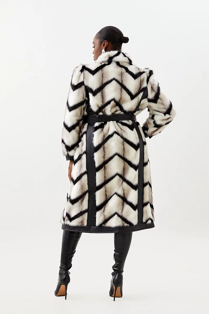 Plus Size Panelled Stripe Faux Fur Pu Belted Long Coat Plus Size Panelled Stripe Faux Fur Pu Belted Long Coat
