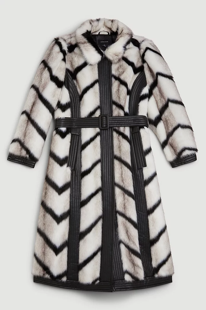Plus Size Panelled Stripe Faux Fur Pu Belted Long Coat Plus Size Panelled Stripe Faux Fur Pu Belted Long Coat