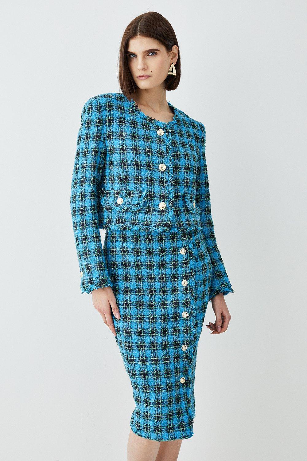 Blue Italian Check Boucle Tailored Pencil Skirt