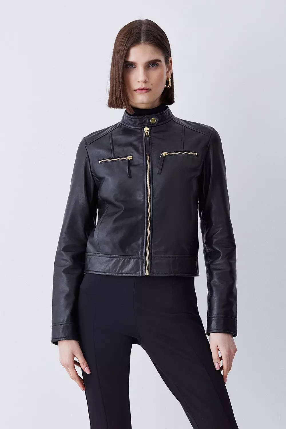 Leather Clean Collarless Biker Jacket Karen Millen