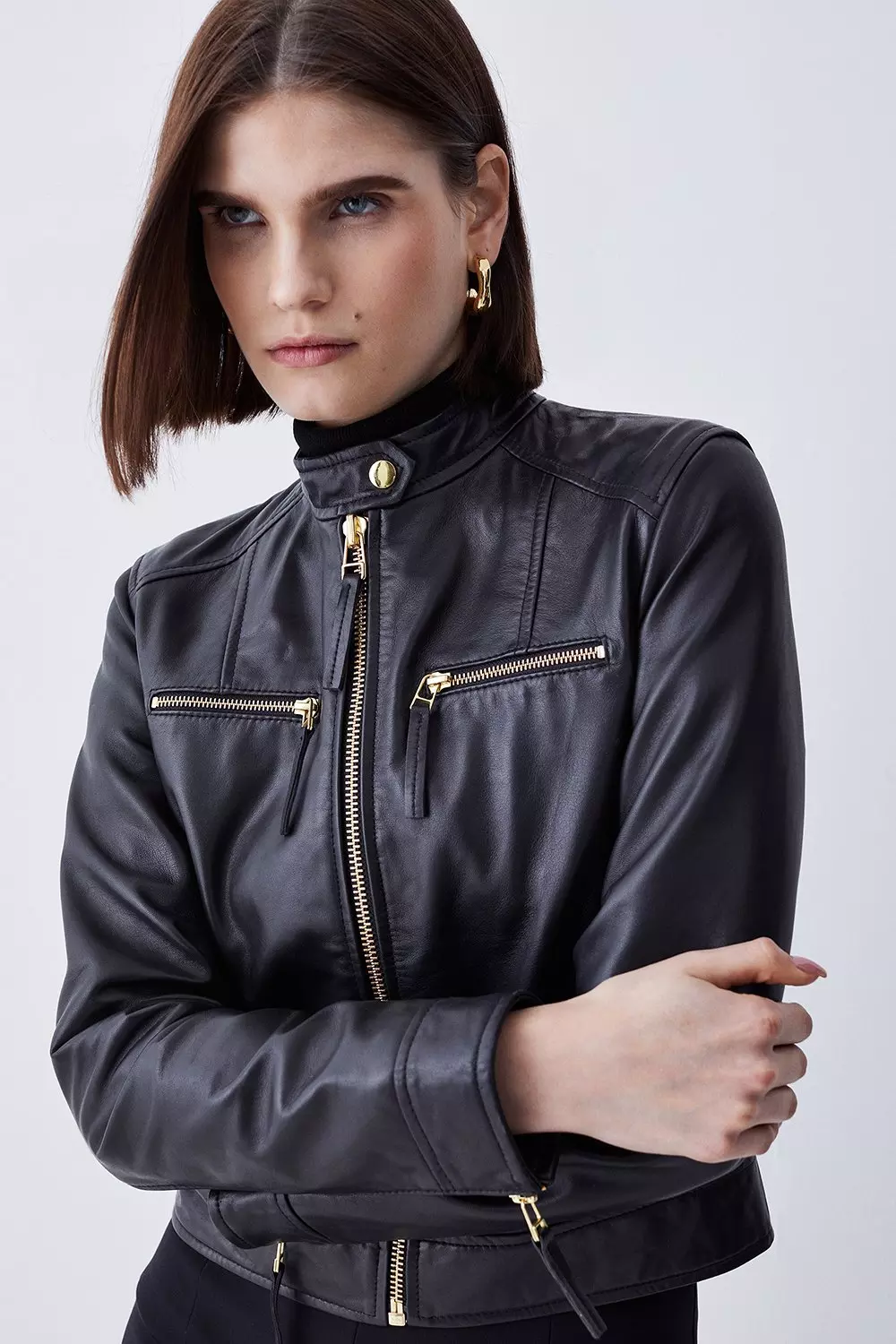 Leather jacket with no collar best sale