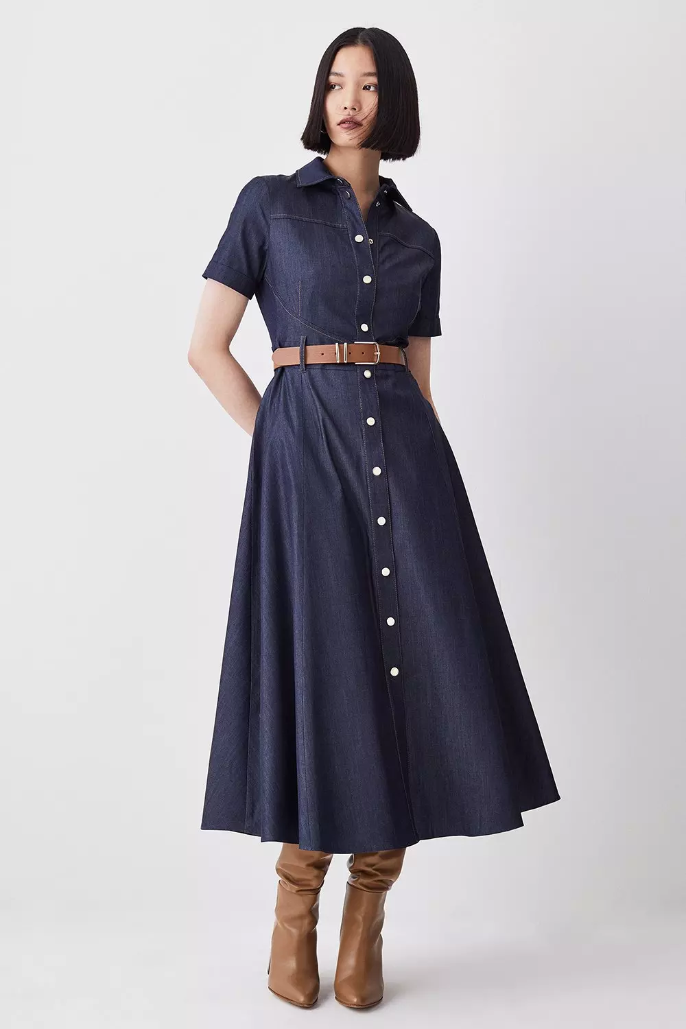 Tailored Denim Belted Midi Shirt Dress | Karen Millen