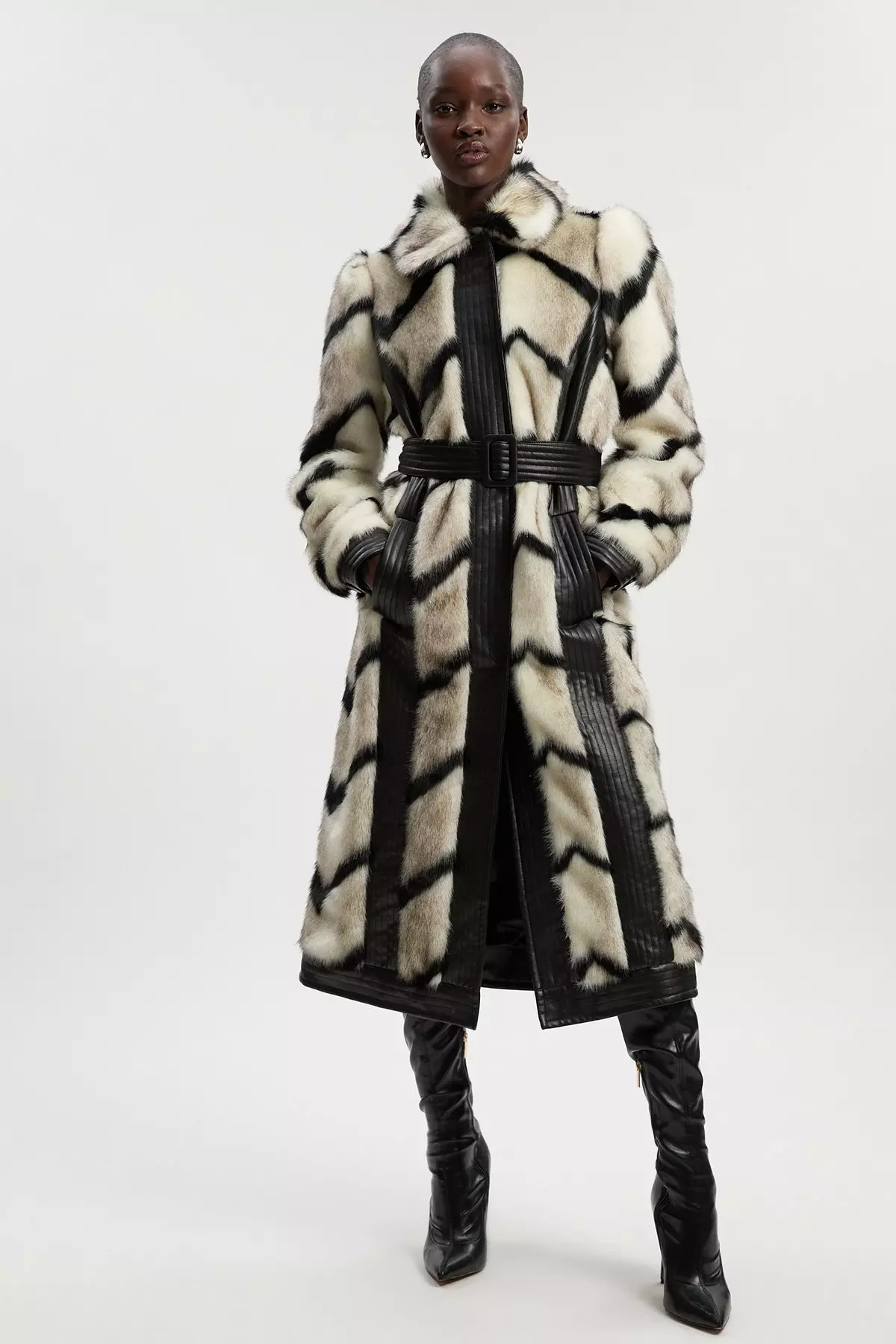 Panelled Stripe Faux Fur Pu Belted Long Coat | Karen Millen