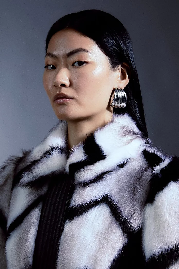 Panelled Stripe Faux Fur Pu Belted Long Coat | Karen Millen Panelled Stripe Faux Fur Pu Belted Long Coat | Karen Millen