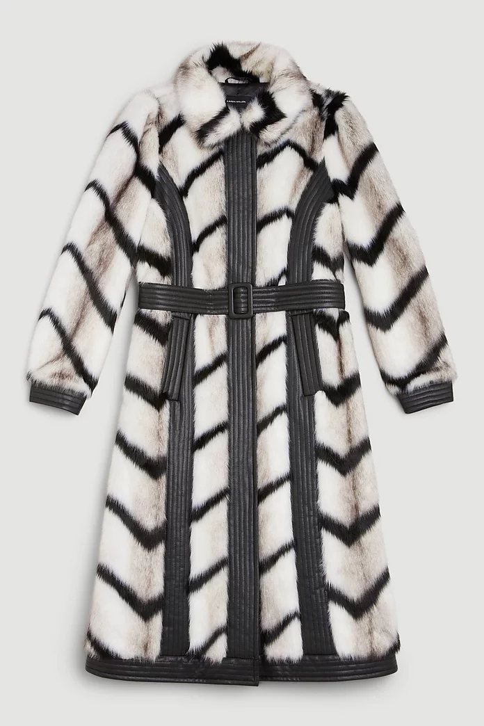 Panelled Stripe Faux Fur Pu Belted Long Coat | Karen Millen Panelled Stripe Faux Fur Pu Belted Long Coat | Karen Millen