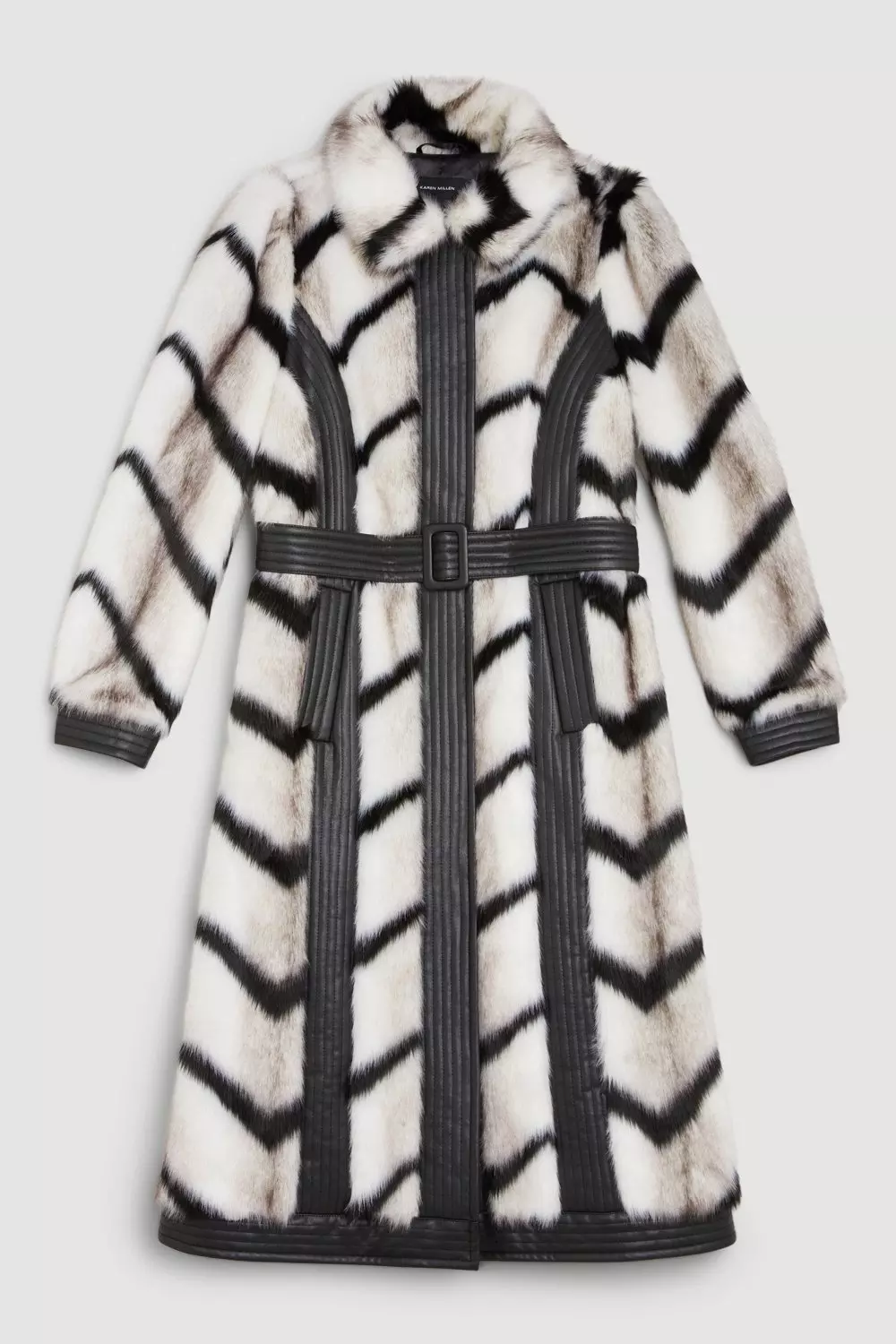 Panelled Stripe Faux Fur Pu Belted Long Coat Karen Millen