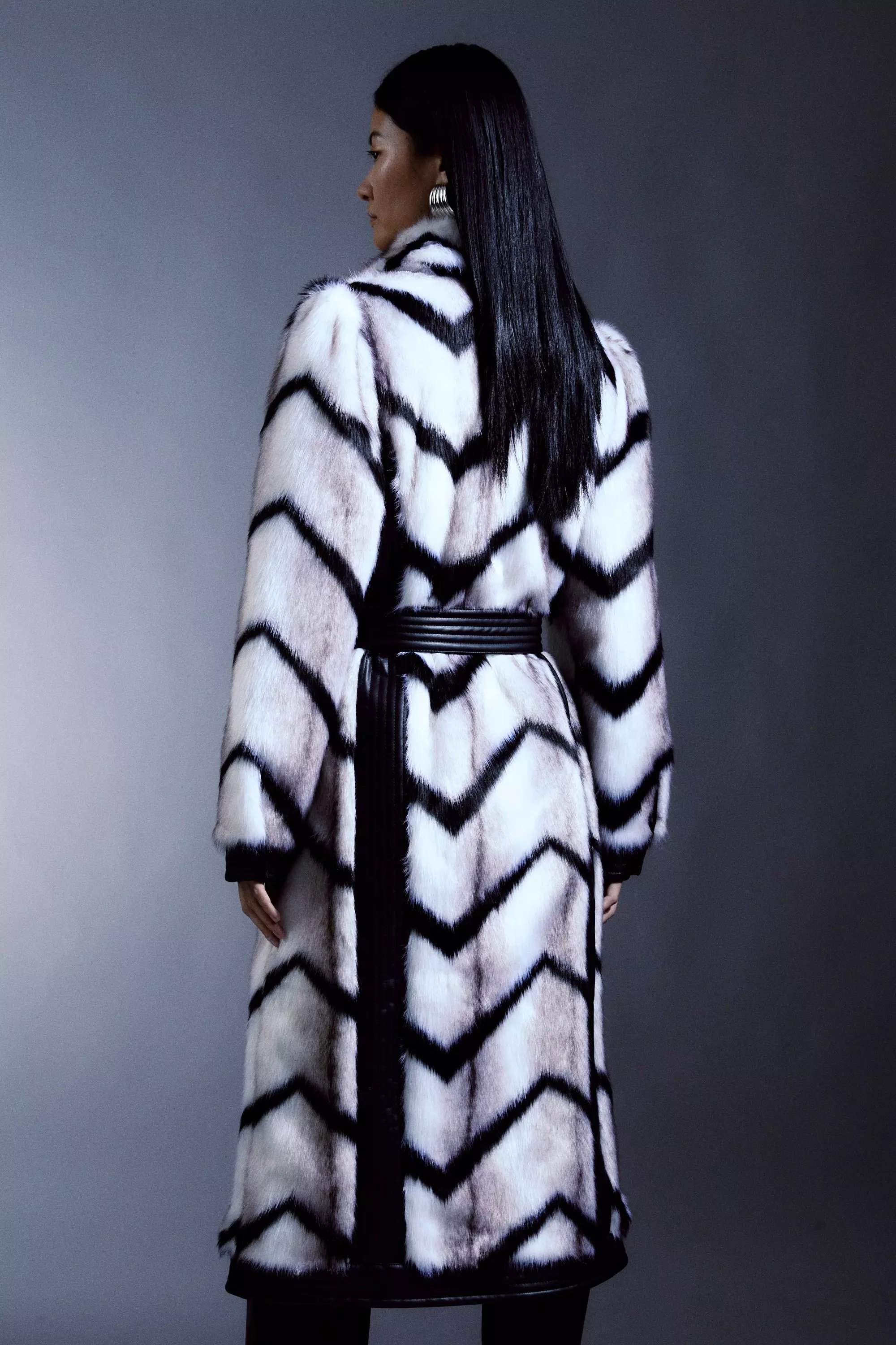 Panelled Stripe Faux Fur Pu Belted Long Coat Karen Millen