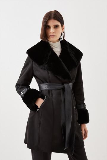Faux Shearling Collar & Cuff Belted Short Coat black