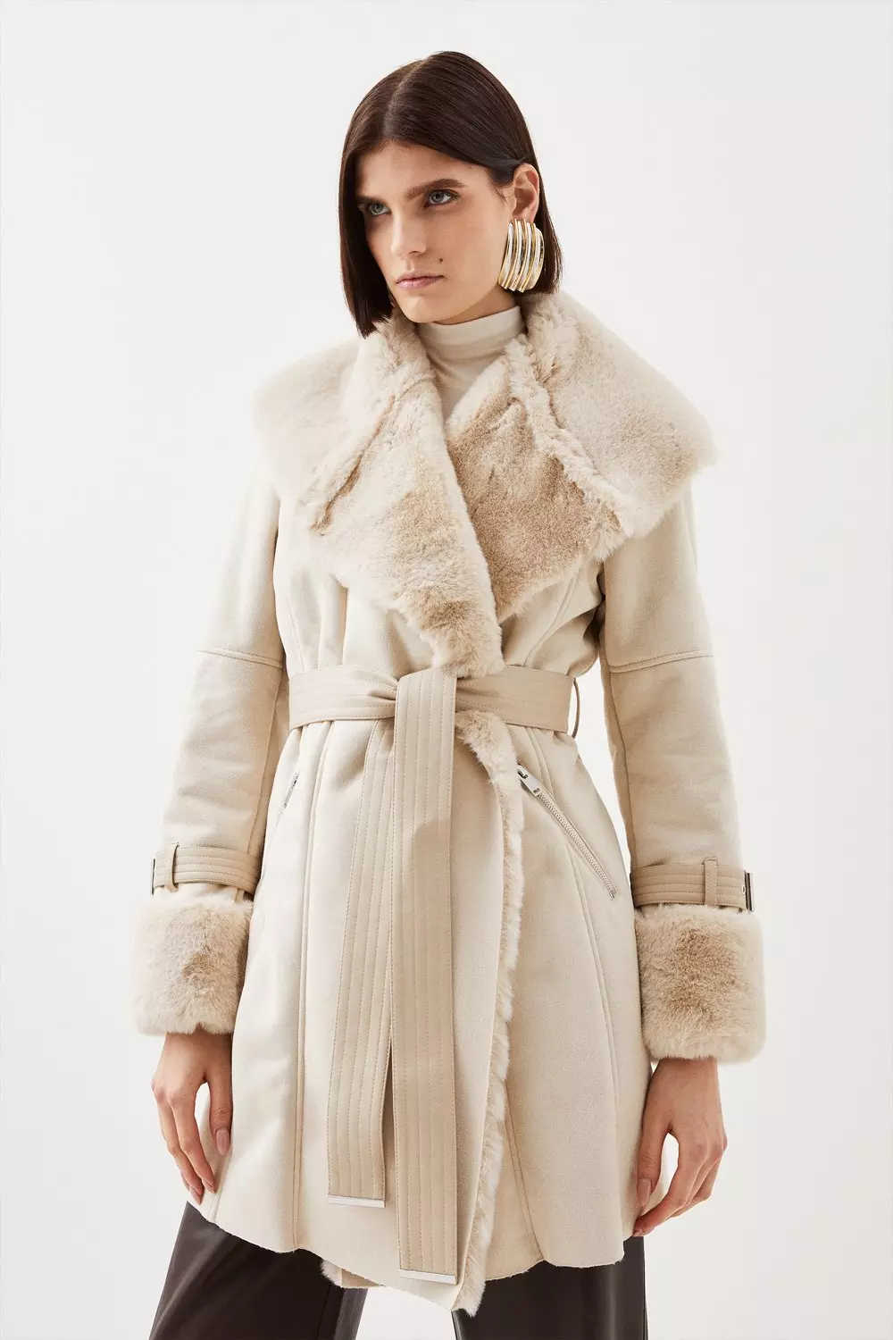 Faux Shearling Collar & Cuff Belted Short Coat | Karen Millen