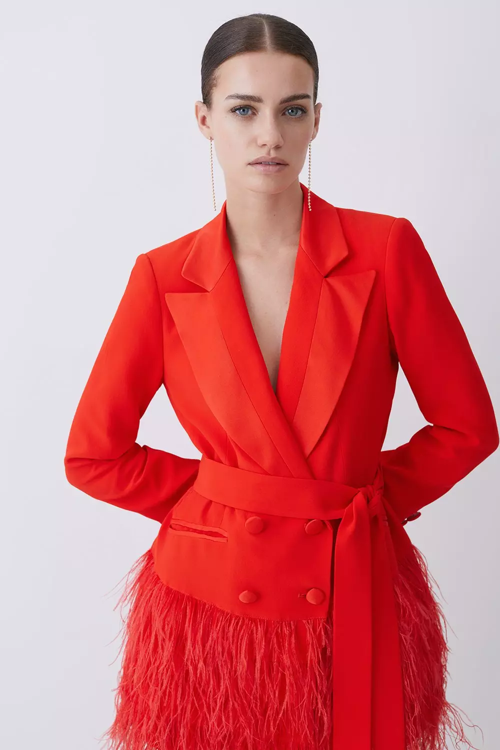 Red Petite Viscose Satin Crepe Feather Hem Double Breasted Tux Tailored Mini Dress alternative image