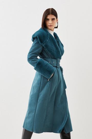 Faux Shearling Collar & Cuff Belted Long Coat teal