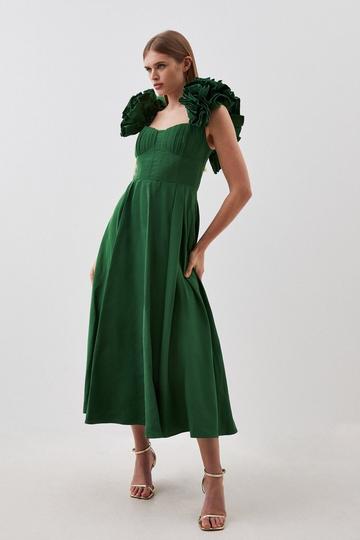 Emerald Green Petite Taffeta Ruffle Woven Midi Dress