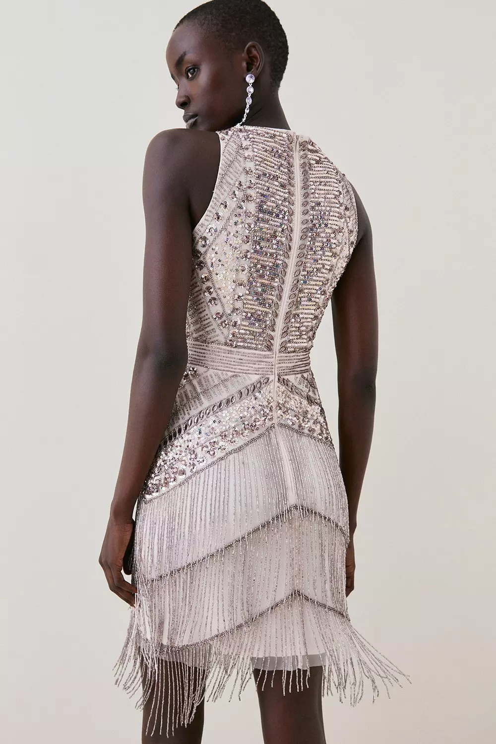 Tall Halter Neck Beaded And Embellished Fringed Mini Karen Millen