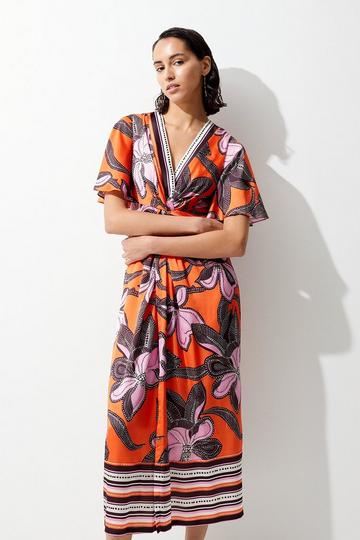 Orange Batik Floral Placed Hammered Satin Twist Midi Dress