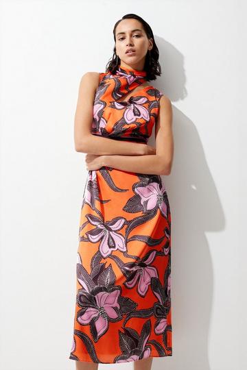 Orange Batik Floral Hammered Satin Column Midi Dress
