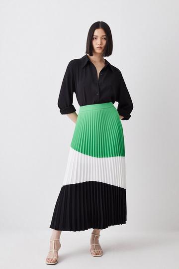 Green Tall Color Block Pleated Woven Skirt