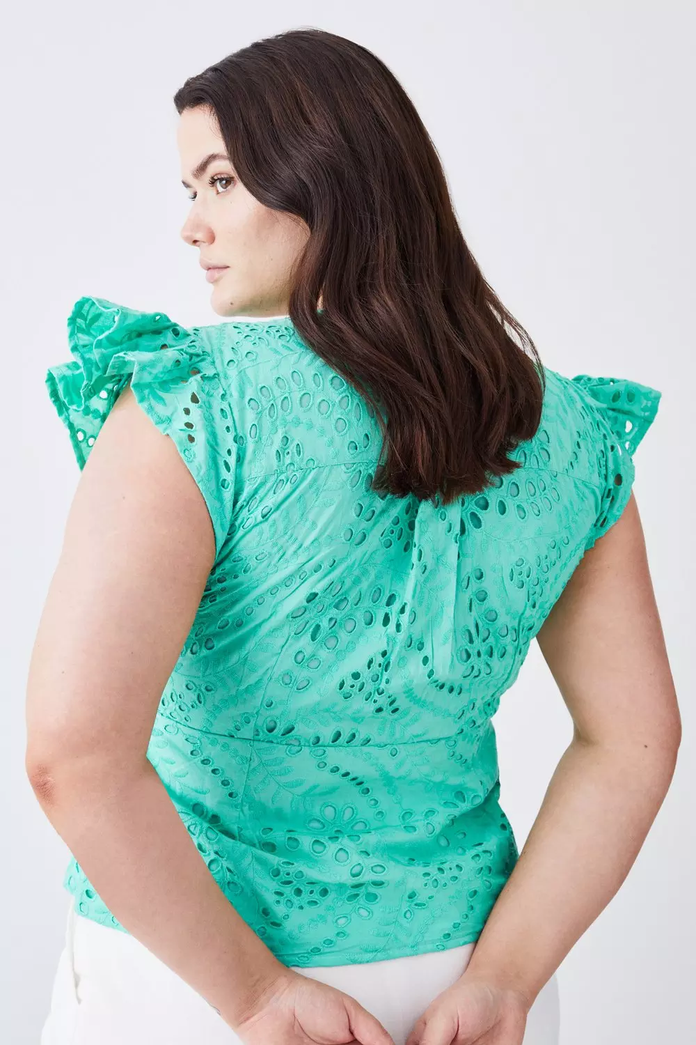 Plus Size Cotton Broderie Ruffle Sleeve Top Karen Millen