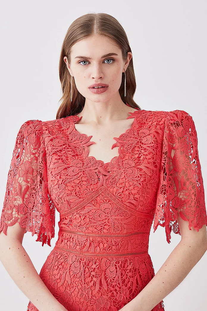 Guipure Lace Flute Sleeved Woven Maxi Dress | Karen Millen Guipure Lace Flute Sleeved Woven Maxi Dress | Karen Millen