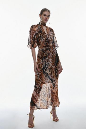 Metallic Viscose Georgette Angel Sleeve Woven Midi Dress animal
