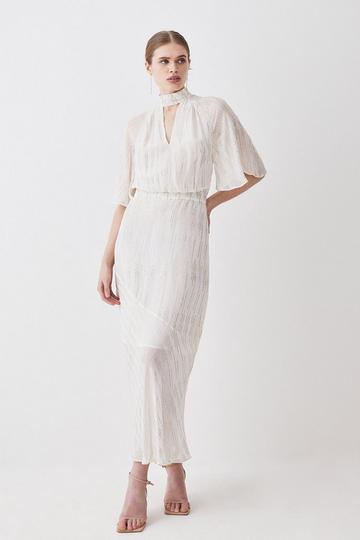 Tall Metallic Viscose Georgette Angel Sleeve Woven Midi Dress ivory