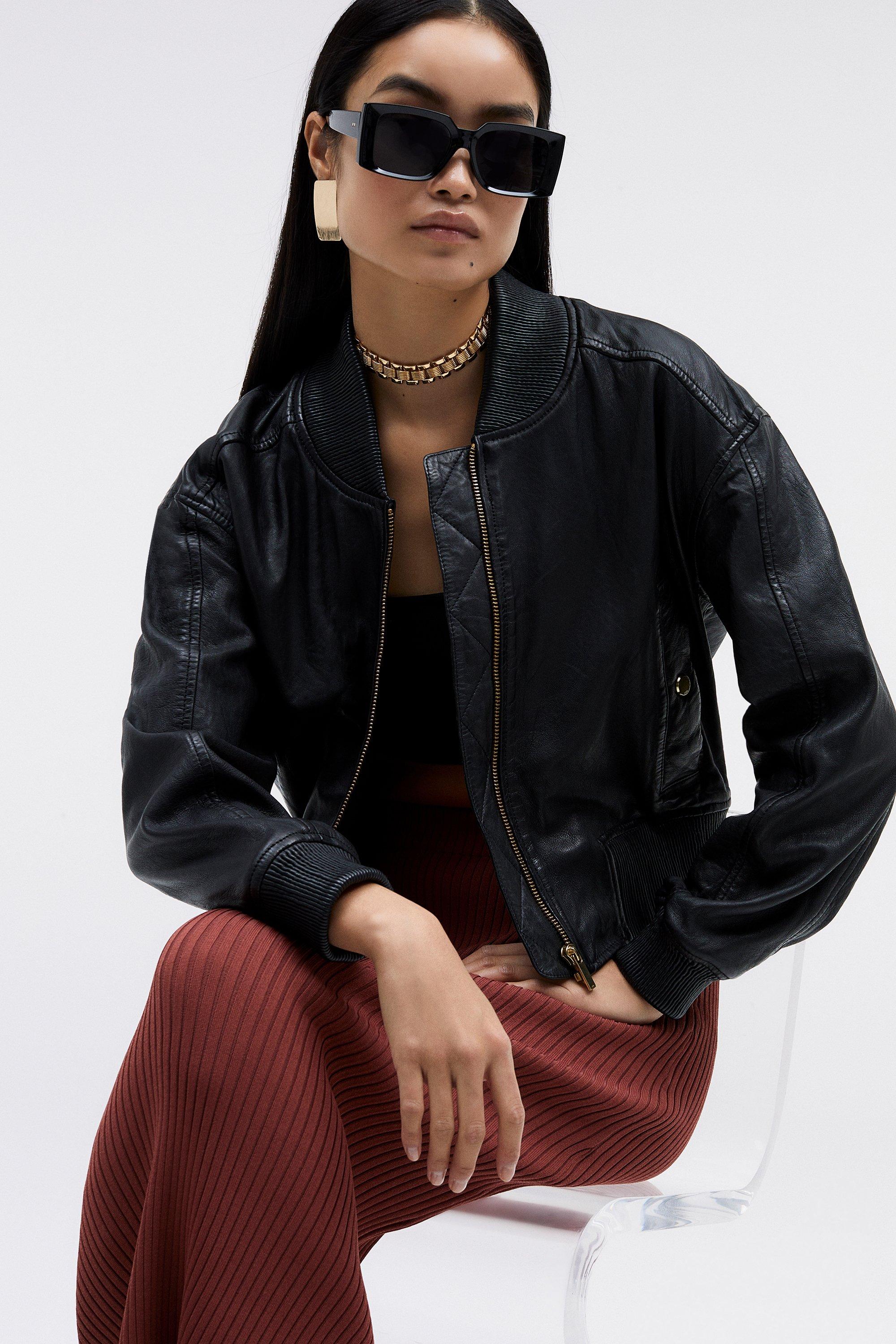 Washed Leather Zip Back Bomber Jacket | Karen Millen