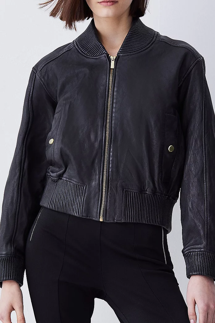 Washed Leather Zip Back Bomber Jacket | Karen Millen Washed Leather Zip Back Bomber Jacket | Karen Millen