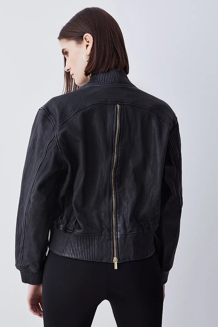 Washed Leather Zip Back Bomber Jacket | Karen Millen Washed Leather Zip Back Bomber Jacket | Karen Millen