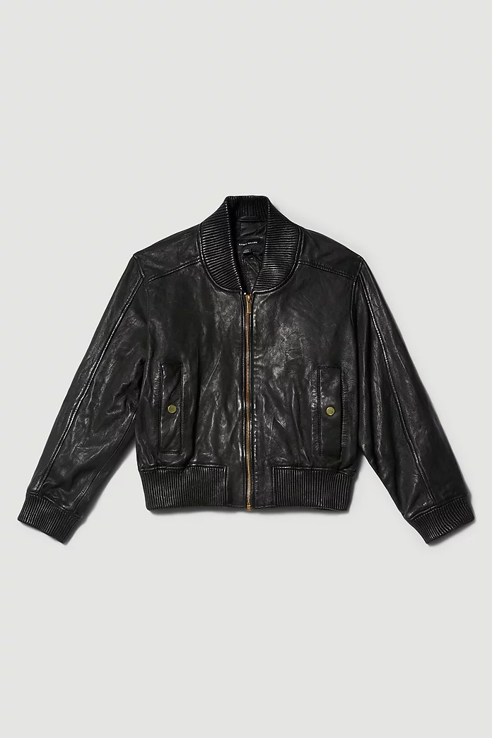 Washed Leather Zip Back Bomber Jacket | Karen Millen Washed Leather Zip Back Bomber Jacket | Karen Millen
