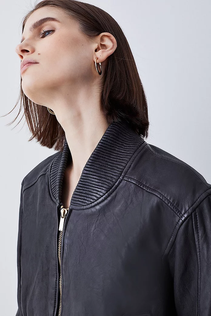 Washed Leather Zip Back Bomber Jacket | Karen Millen Washed Leather Zip Back Bomber Jacket | Karen Millen