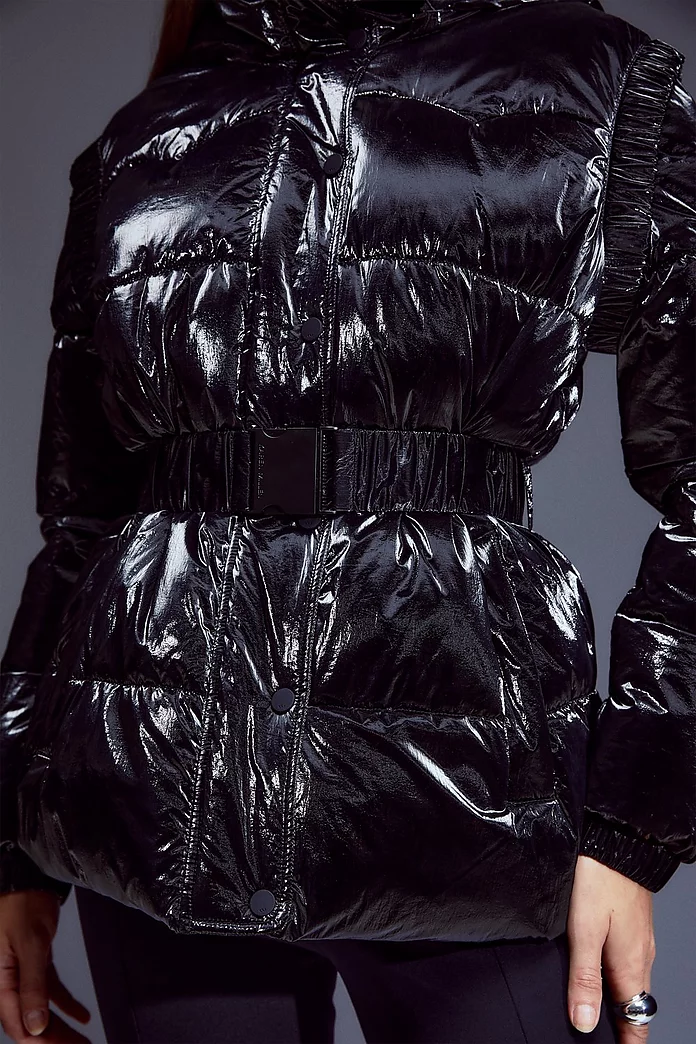 High Shine Hooded Detachable Puffer Coat | Karen Millen High Shine Hooded Detachable Puffer Coat | Karen Millen