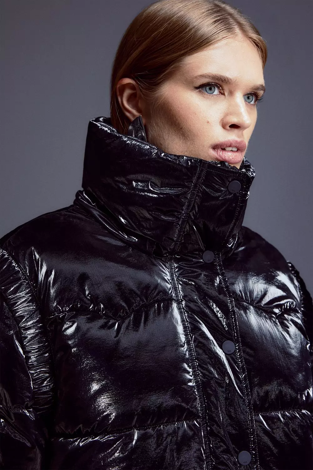 High shine black puffer coat online