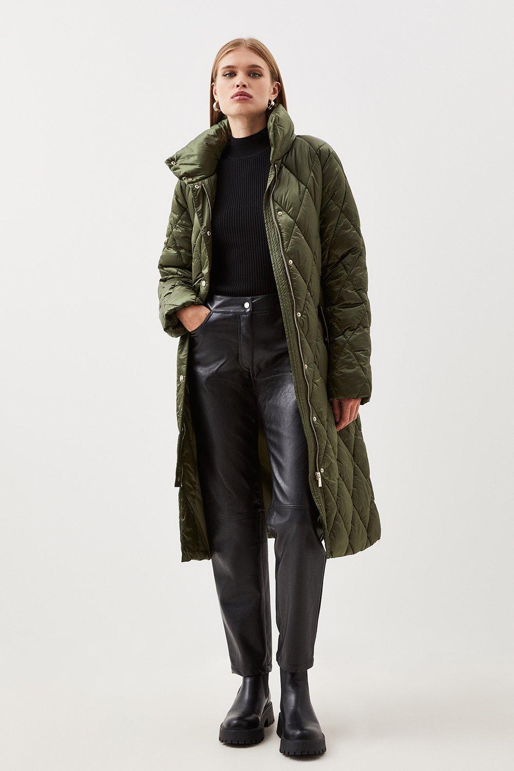 Diamond Quilted Puffer Longline Belted Coat Karen Millen