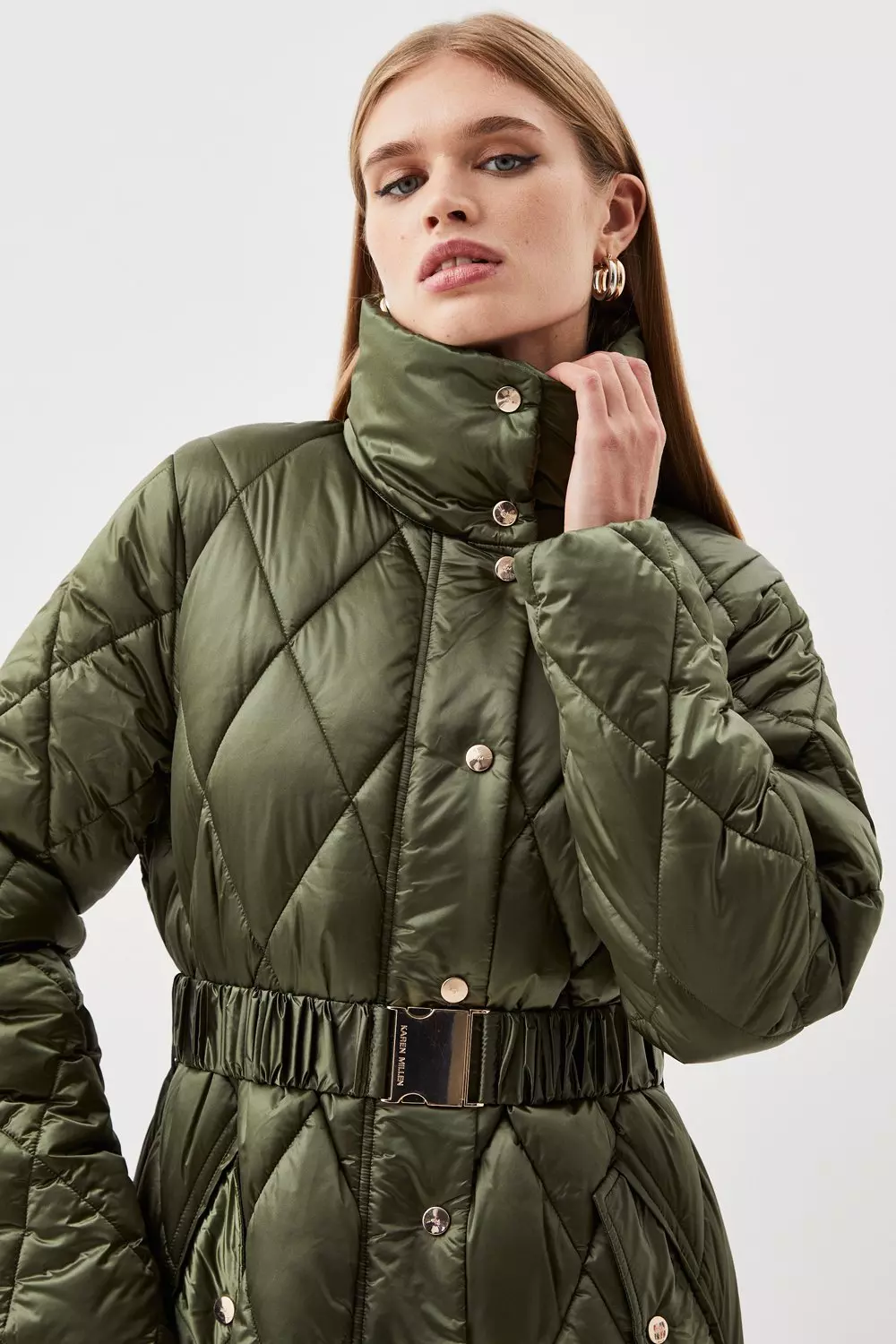 Diamond Quilted Puffer Longline Belted Coat Karen Millen