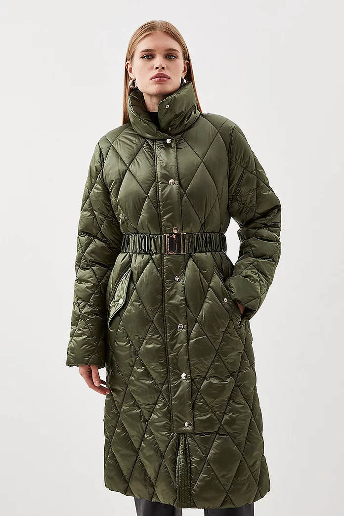 Diamond Quilted Puffer Longline Belted Coat | Karen Millen Diamond Quilted Puffer Longline Belted Coat | Karen Millen